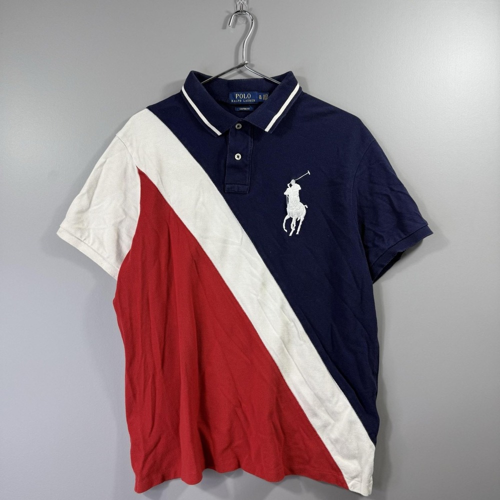 Polo Ralph Lauren Shirt Mens XL Blue Red White Colorblock Custom Fit Big Pony
